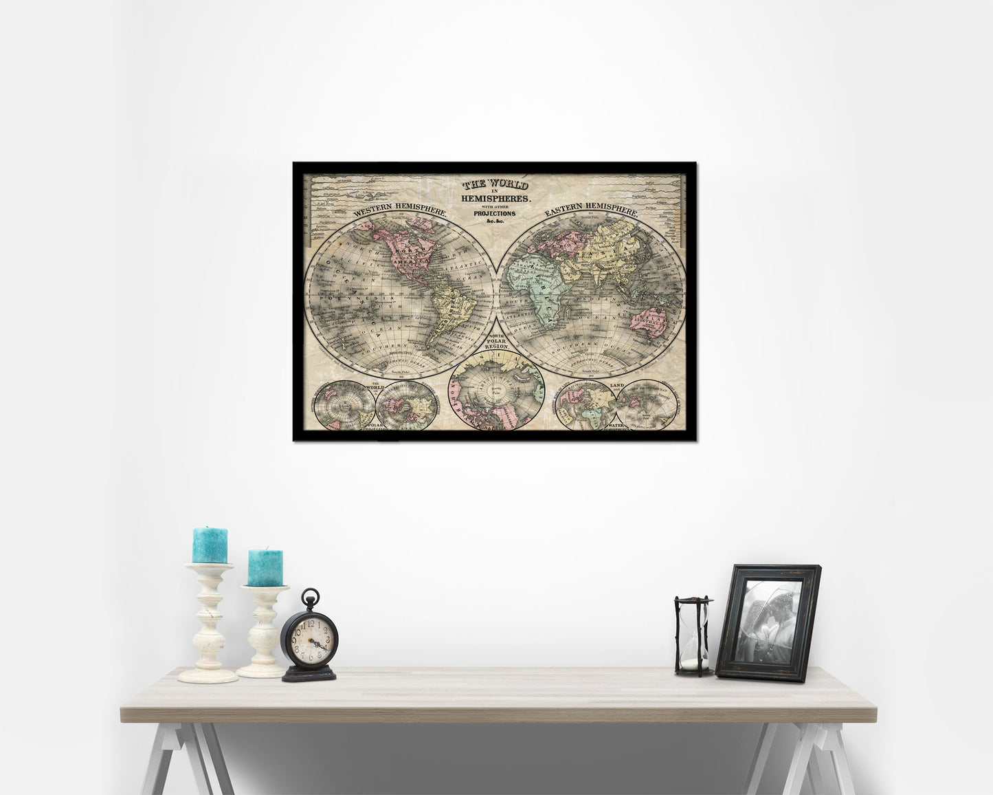 World Hemispheres 1870 Historical Map Framed Print Art Wall Decor Gifts