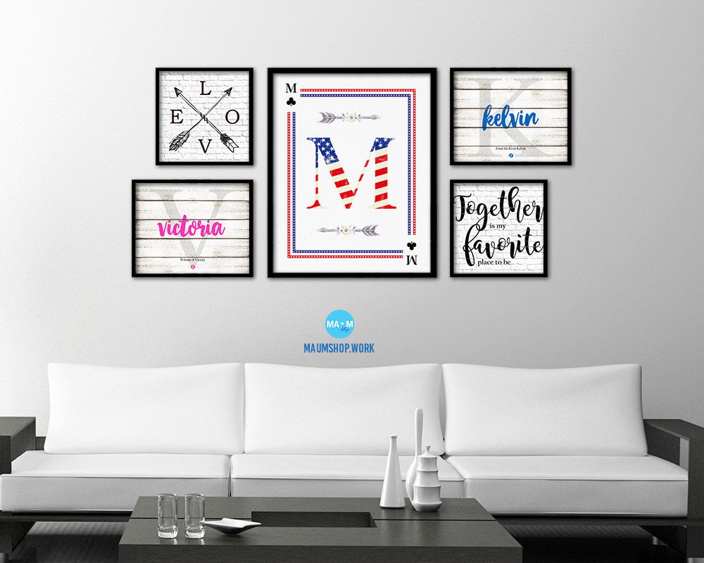 Letter M Custom Monogram Card Decks Clover American Flag Framed Print Wall Art Decor Gifts