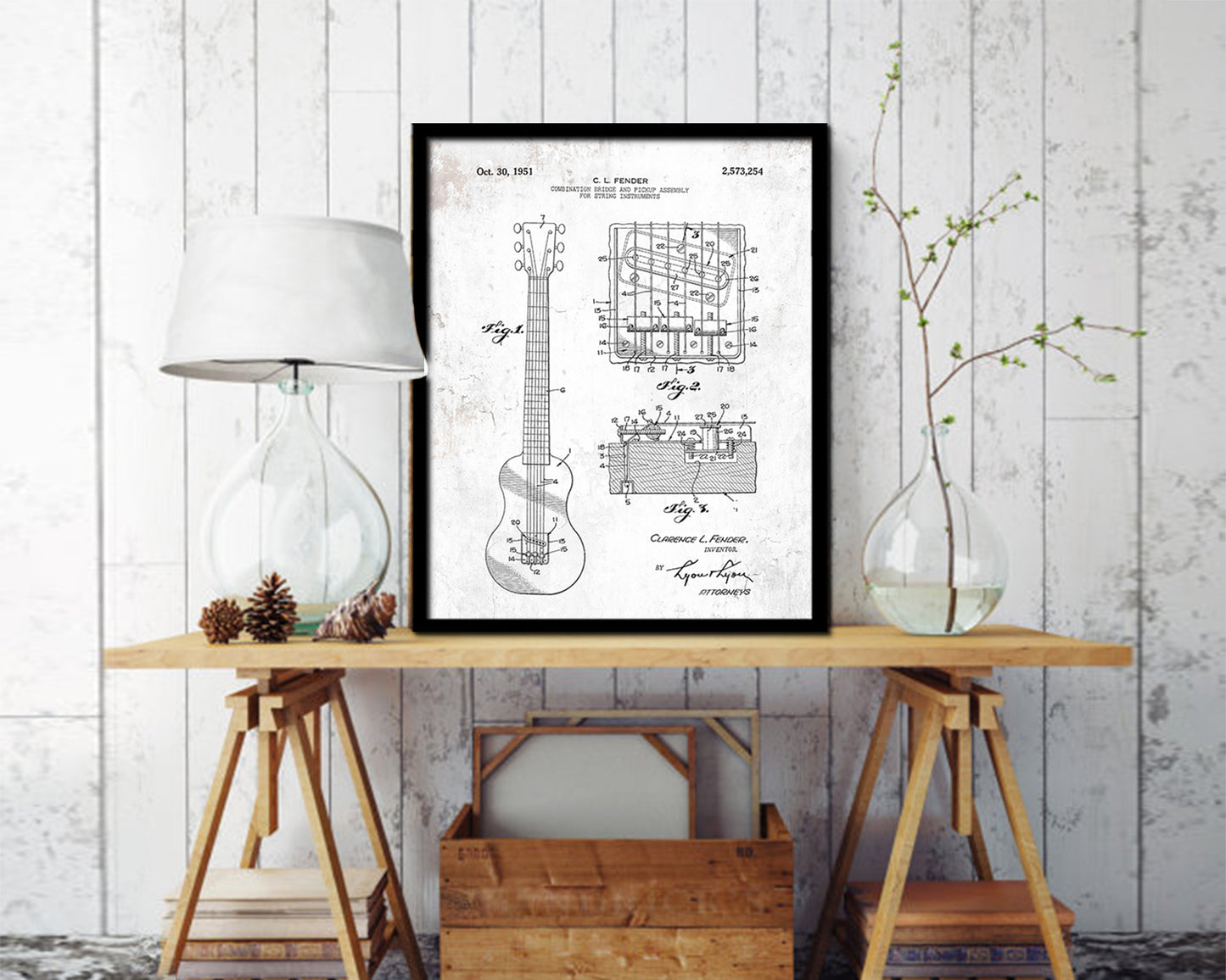 Guitar Bridge & Pickup Assembly Music Vintage Patent Artwork Black Frame Print Gifts