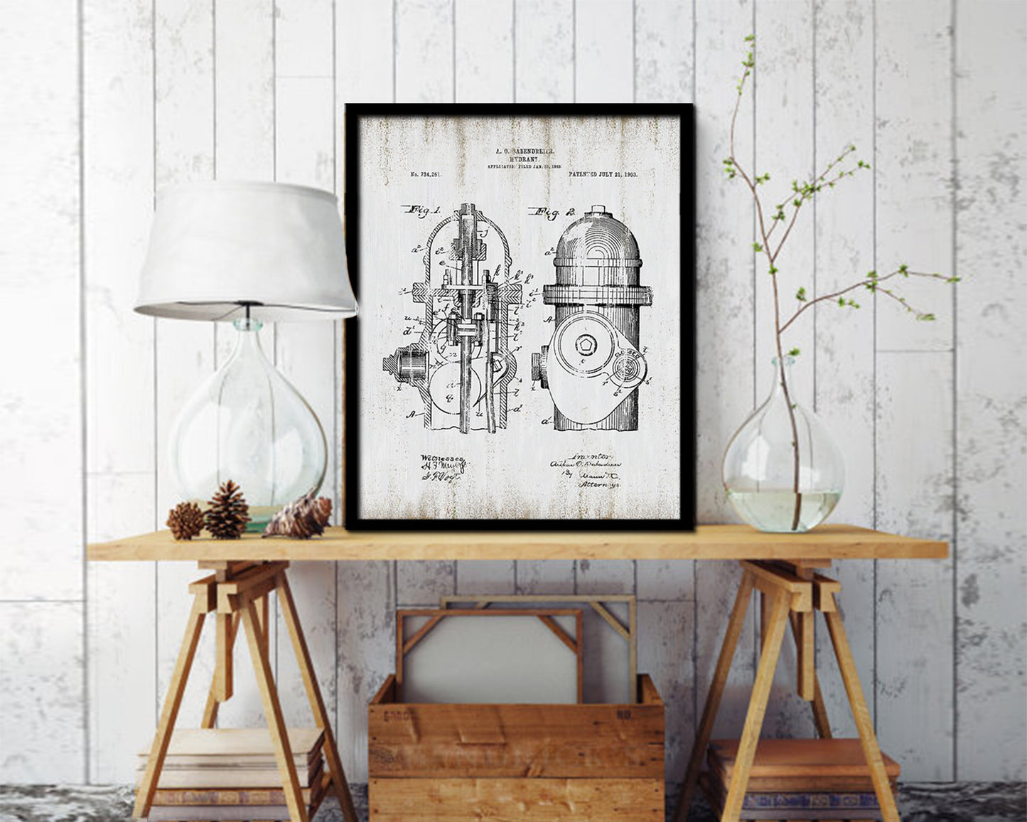 Hydrant Firefighter Vintage Patent Artwork Black Frame Print Gifts