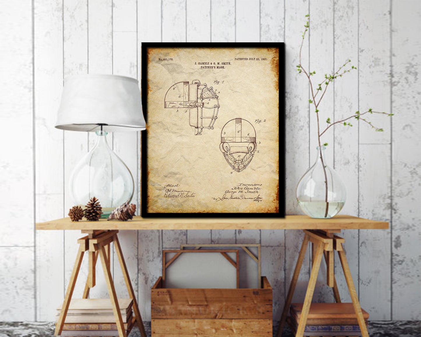 Baseball Catcher's Mask Sports Vintage Patent Artwork Walnut Frame Gifts