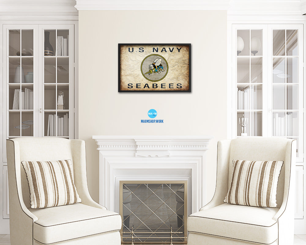 US Navy Seabees Vintage Military Flag Framed Print Sign Decor Wall Art Gifts