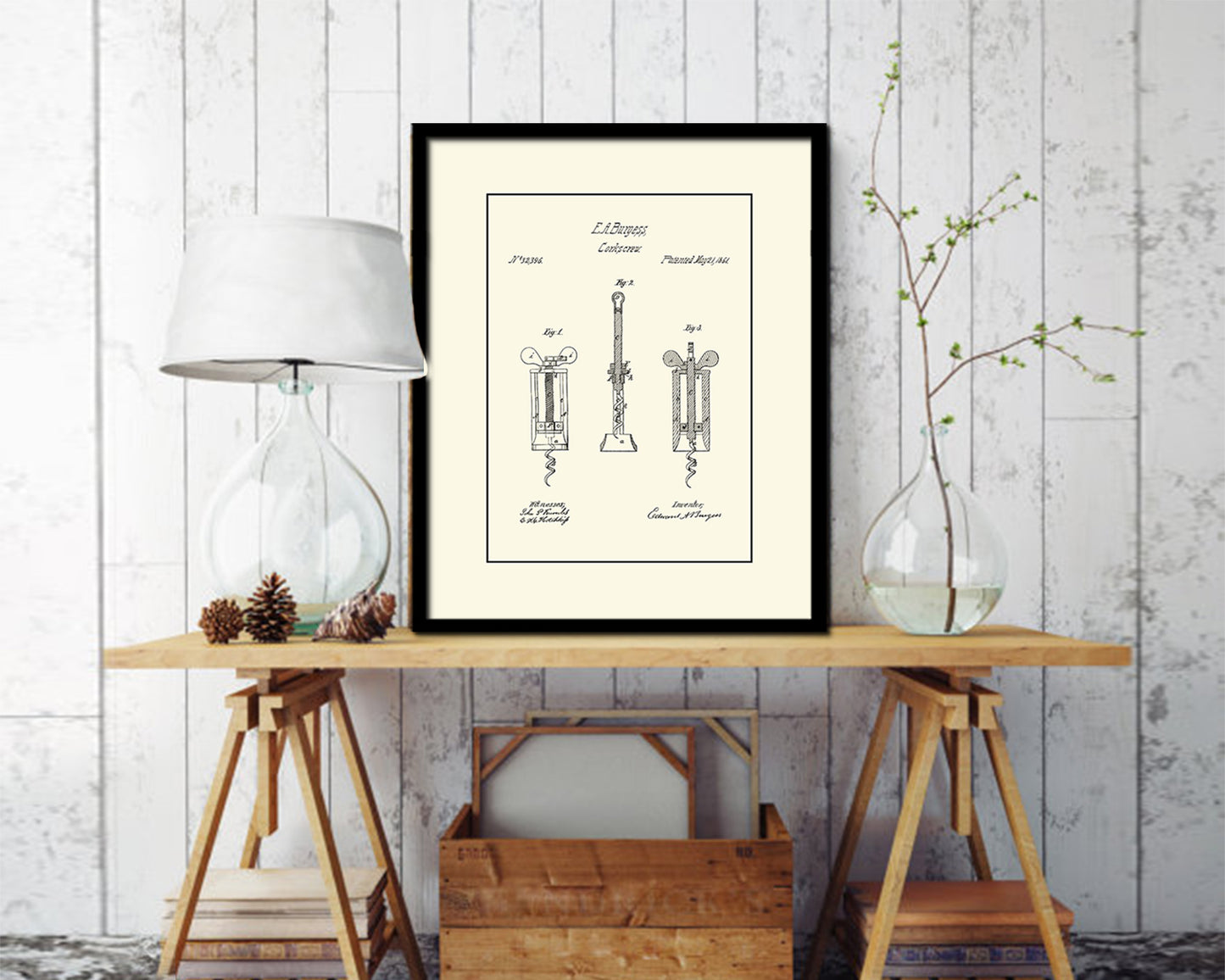 Corkscrew Wine Vintage Patent Artwork Black Frame Print Gifts