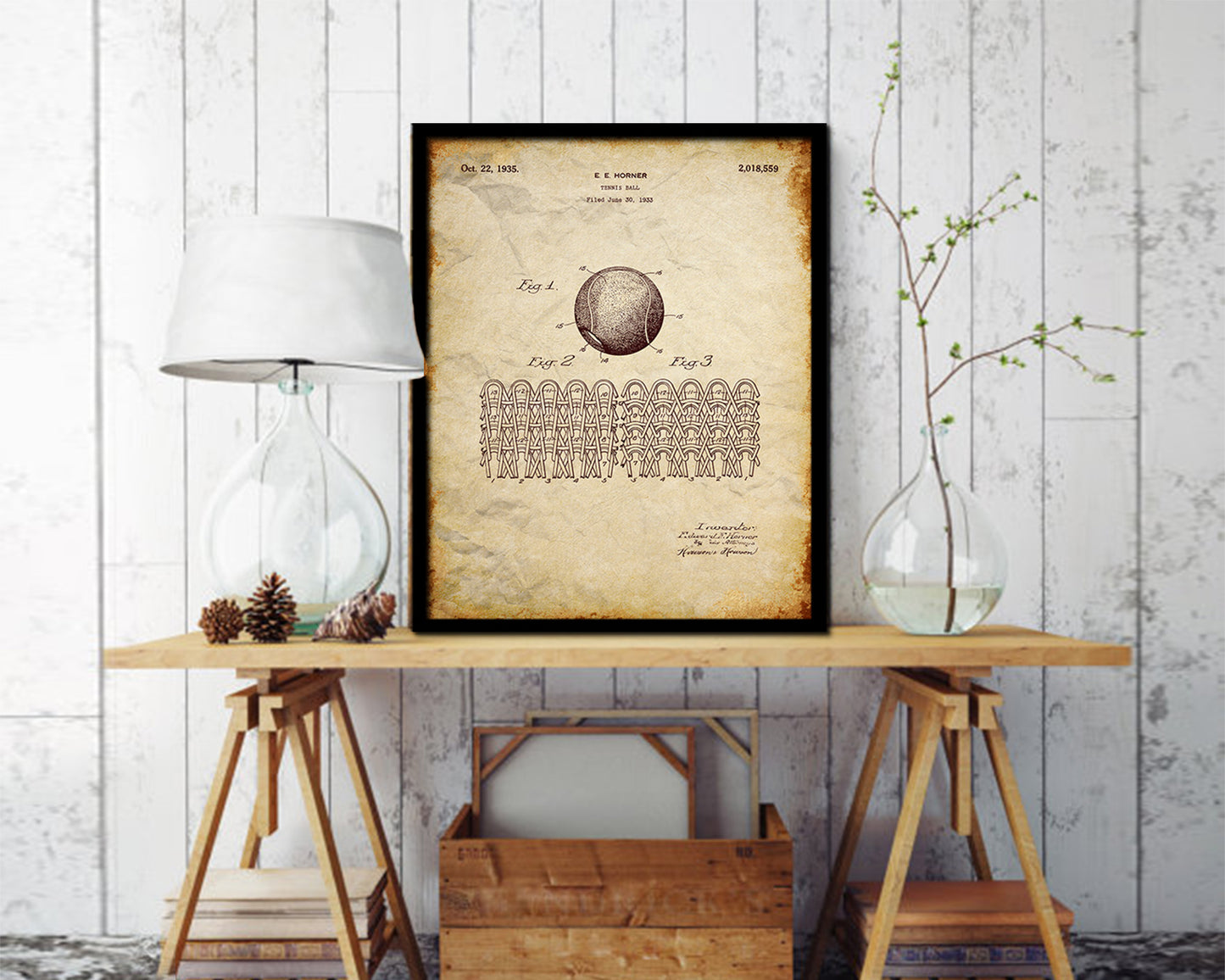 Tennis Ball Sports Vintage Patent Artwork Walnut Frame Gifts