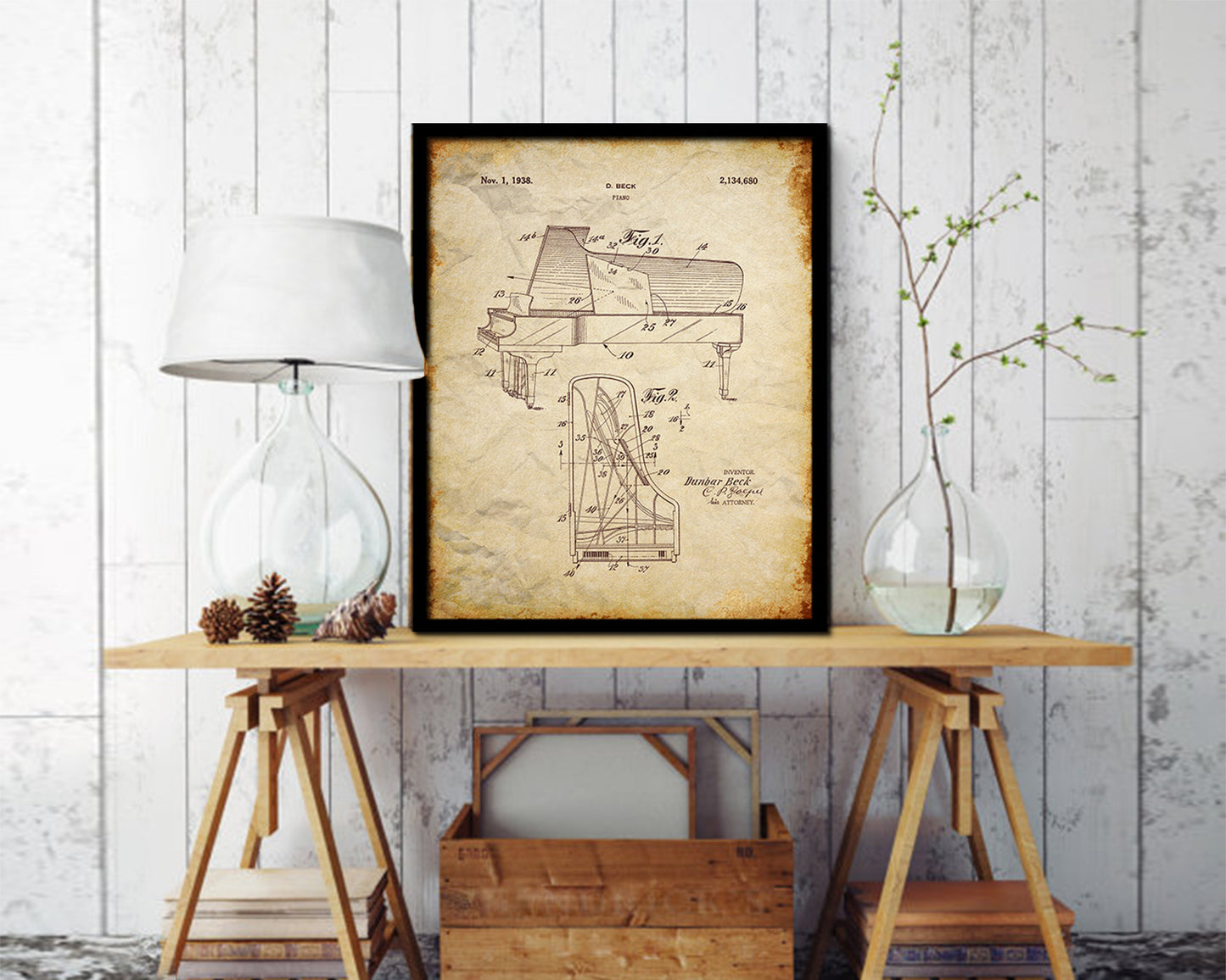 Piano Music Vintage Patent Artwork Walnut Frame Print Wall Art Decor Gifts