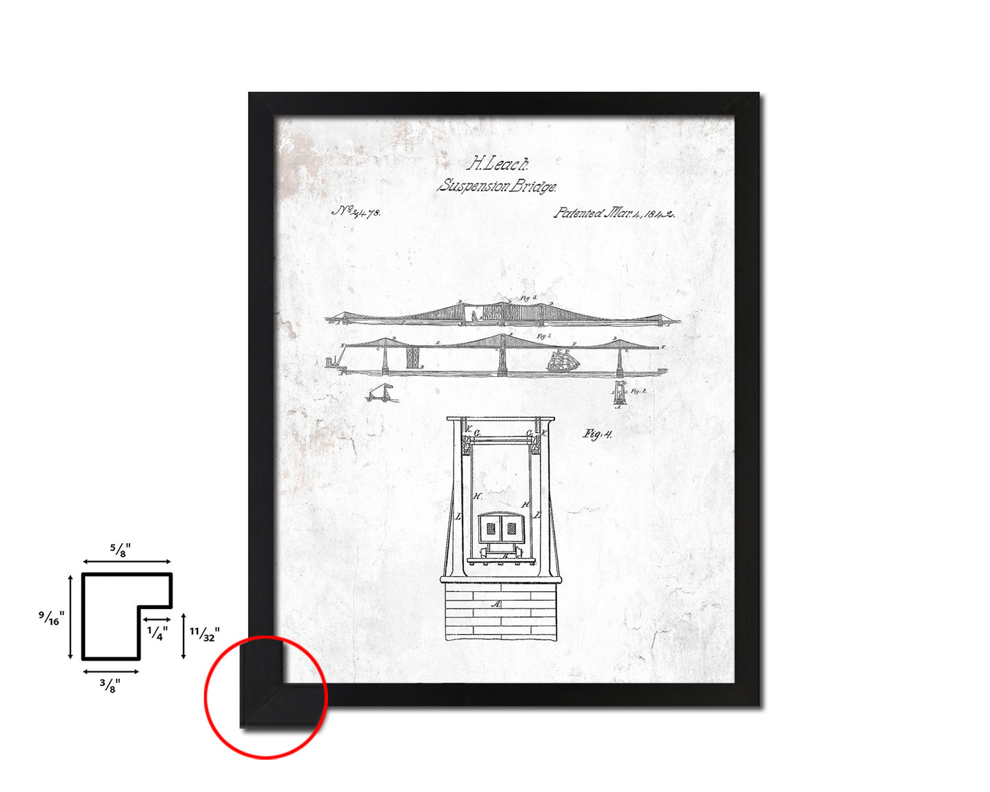 Suspension Bridge Nautical Vintage Patent Artwork Black Frame Print Gifts