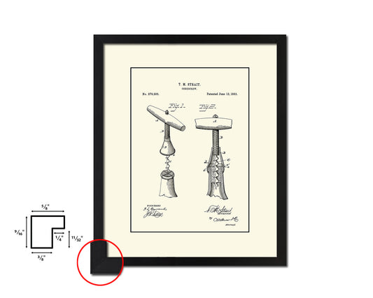 Corkscrew Wine Vintage Patent Artwork Black Frame Print Gifts