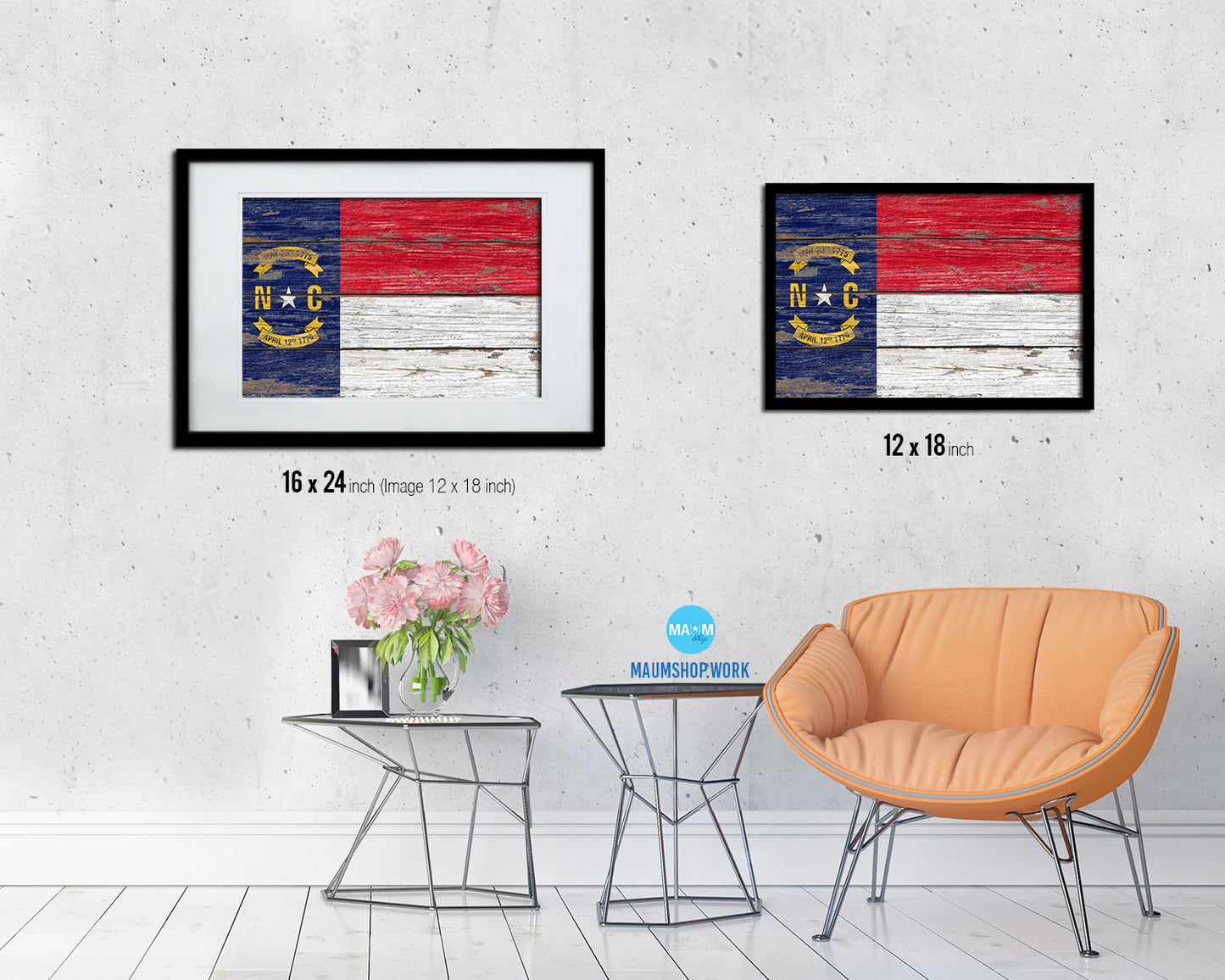 North Carolina State Rustic Flag Wood Framed Paper Prints Wall Art Decor Gifts