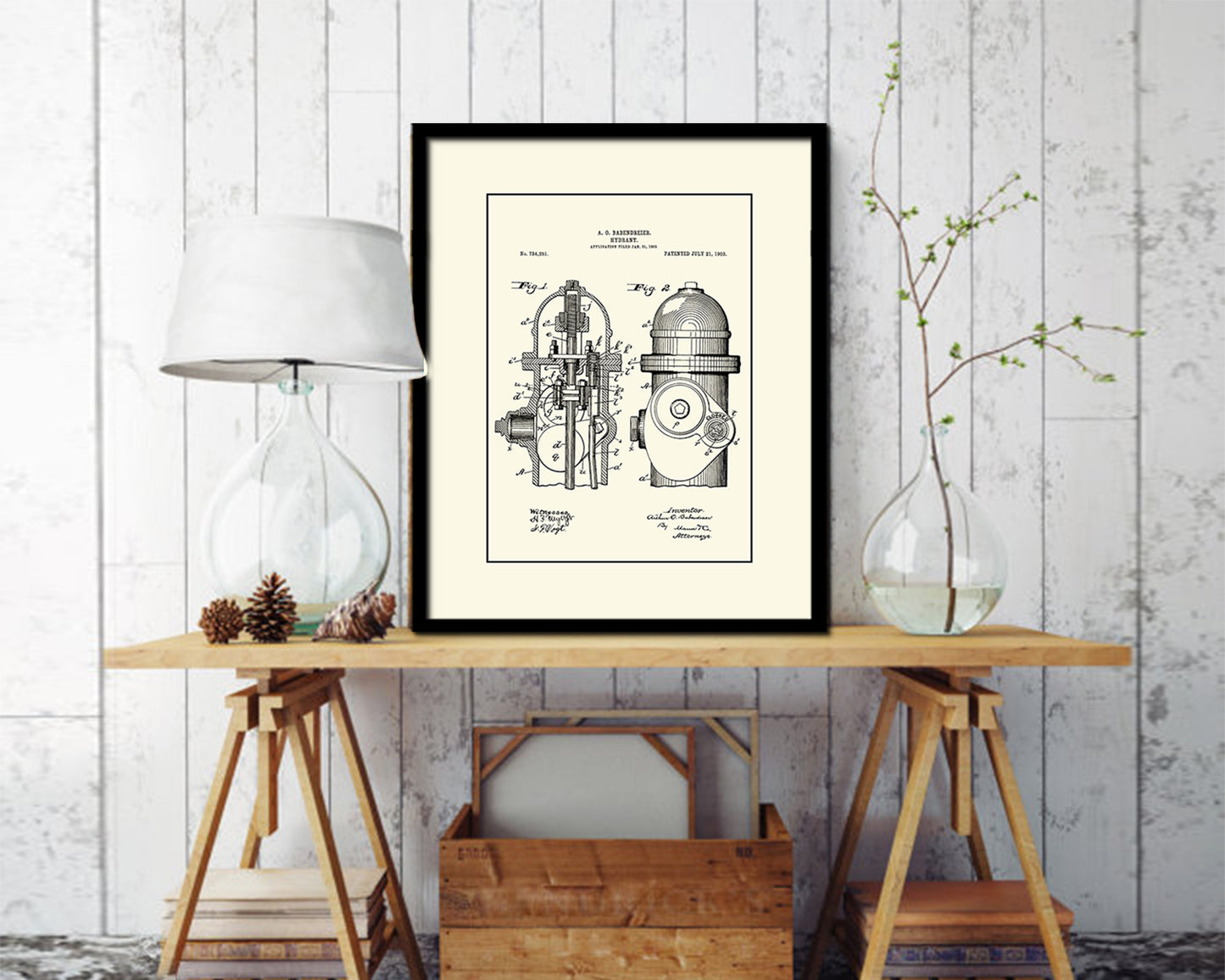 Hydrant Firefighter Vintage Patent Artwork Black Frame Print Gifts