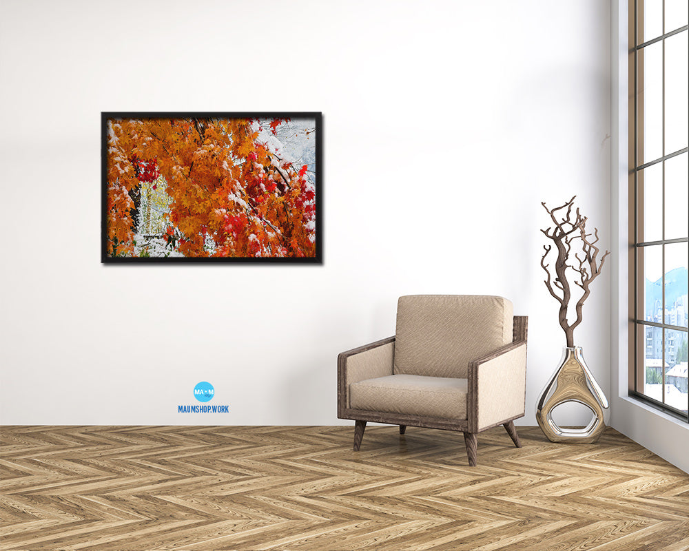 Snow Covering Autumn Maple Leaves Winter Artwork Painting Print Art Frame Home Wall Decor Gifts