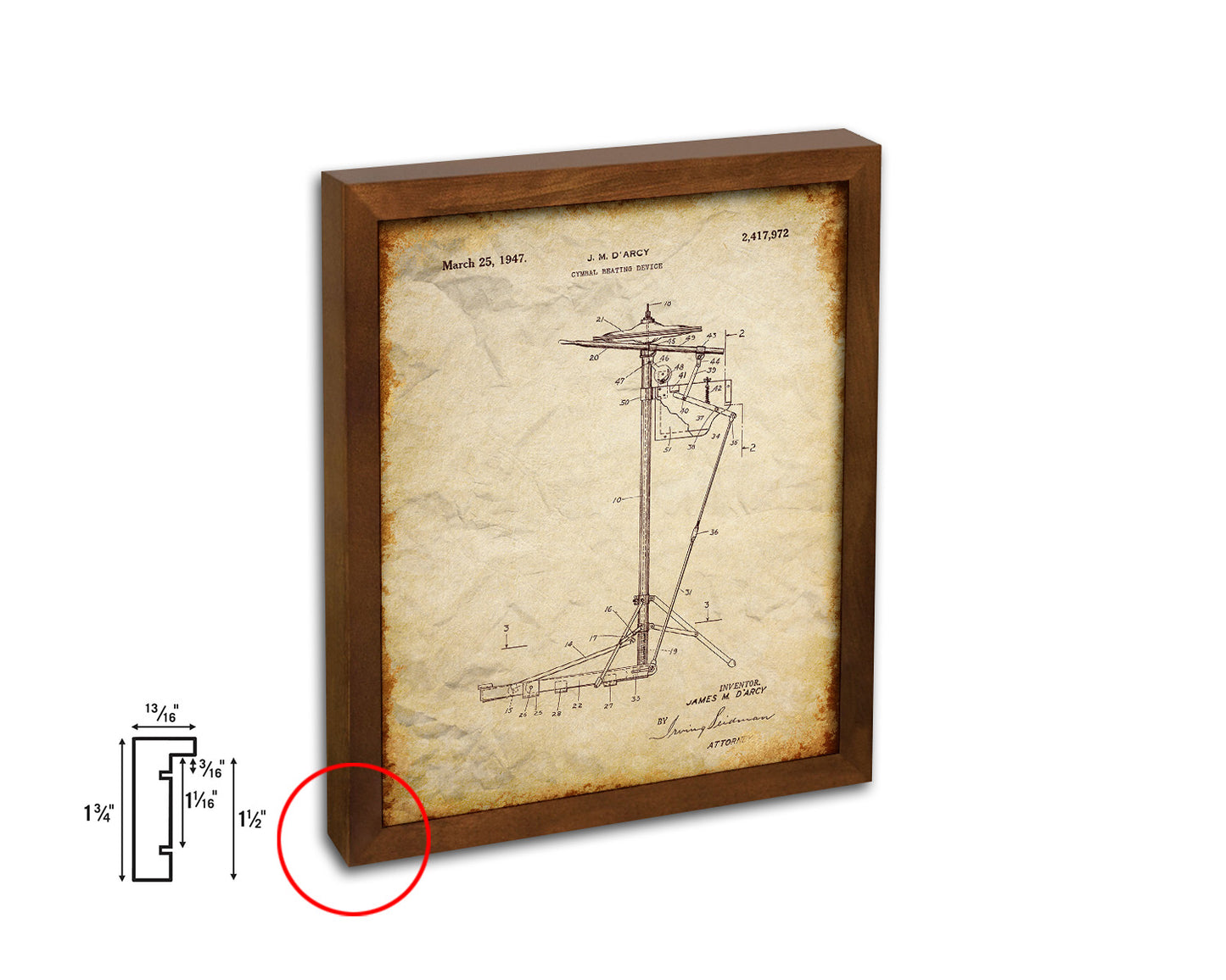 Cymbal Beating Device 1947 Music Vintage Patent Artwork Walnut Frame Gifts