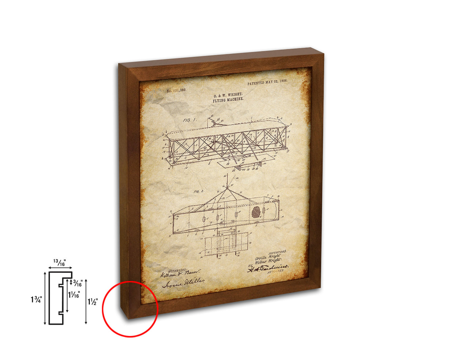 Flying Machine Airplane Vintage Patent Artwork Walnut Frame Print Wall Art Decor Gifts