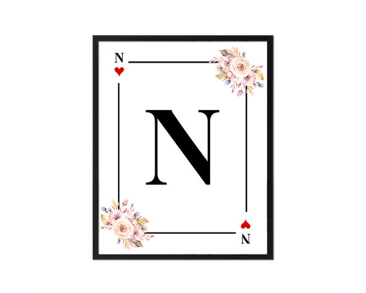 Letter N Personalized Boho Monogram Heart Playing Decks Framed Print Wall Art Decor Gifts