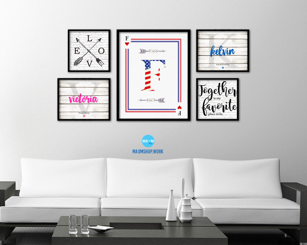 Letter F Custom Monogram Card Decks Heart American Flag Framed Print Wall Art Decor Gifts