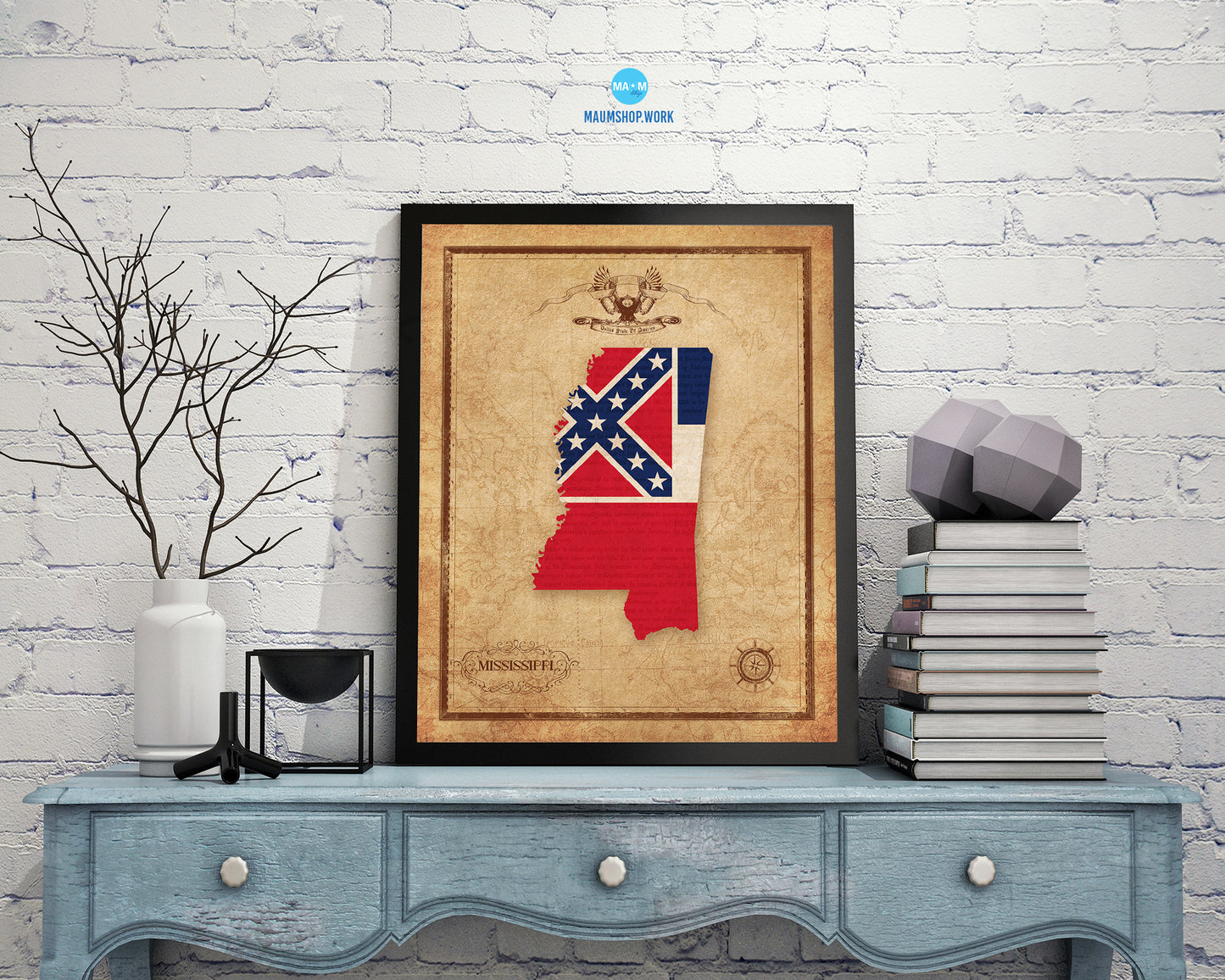 Mississippi State Vintage Map Wood Framed Paper Print  Wall Art Decor Gifts