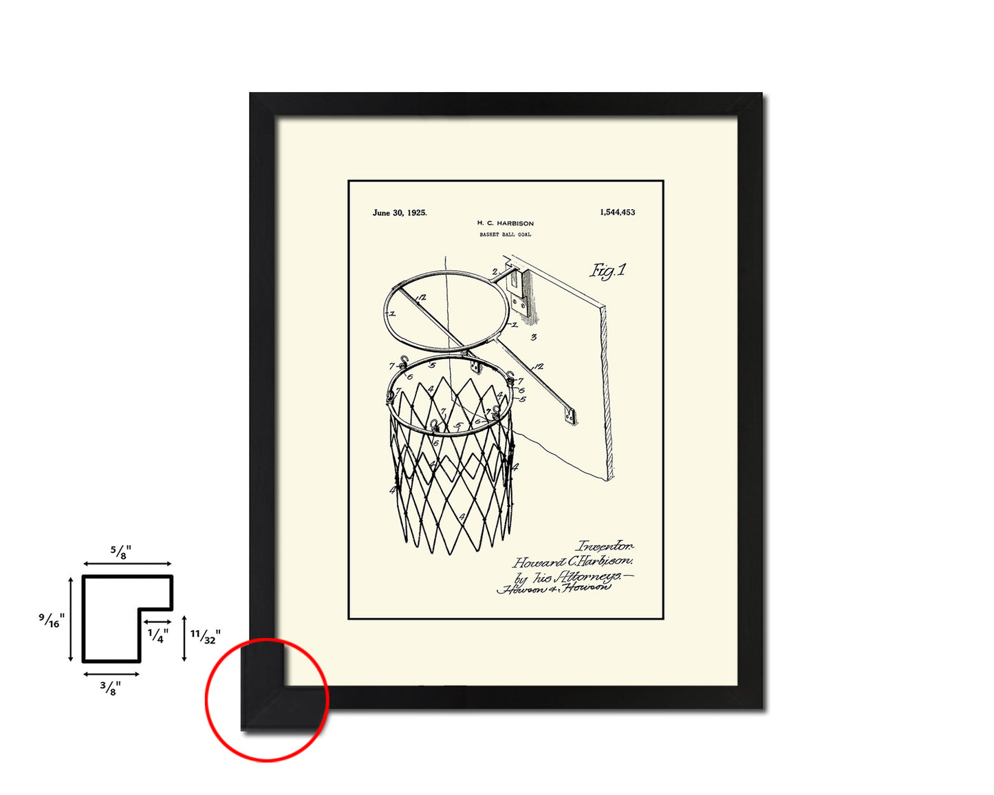 Basketball Goal Hoop and Net Sports Vintage Patent Artwork Black Frame Print Gifts