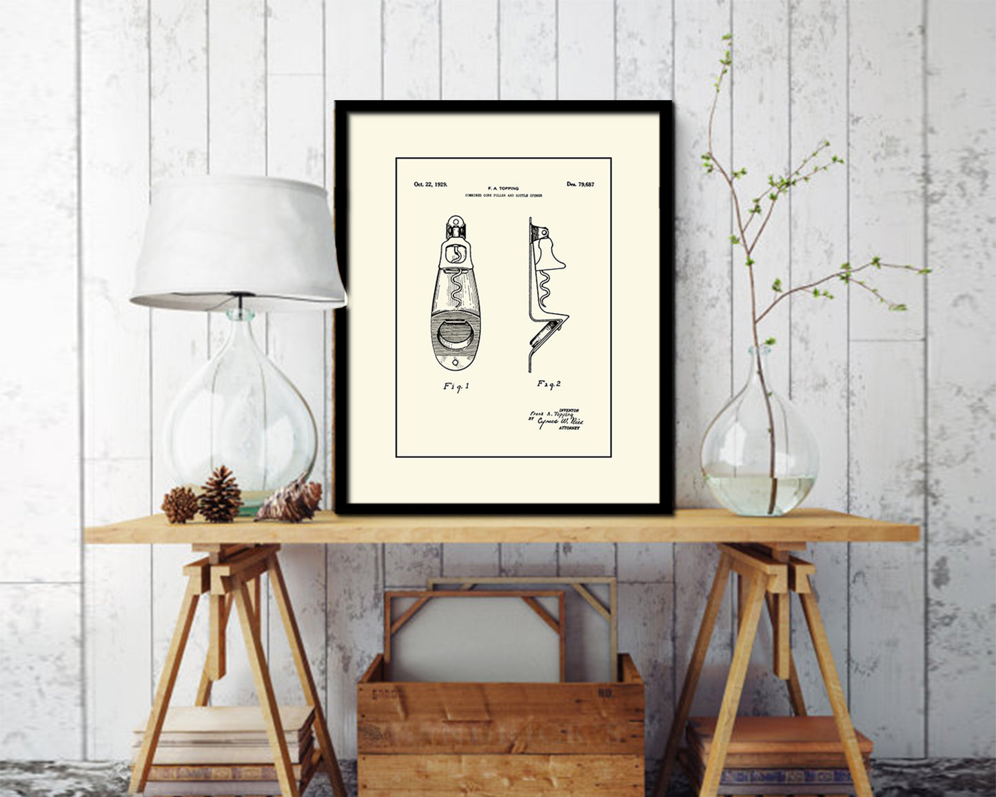 Cork Puller and Bottle Opener Wine Vintage Patent Artwork Black Frame Print Gifts