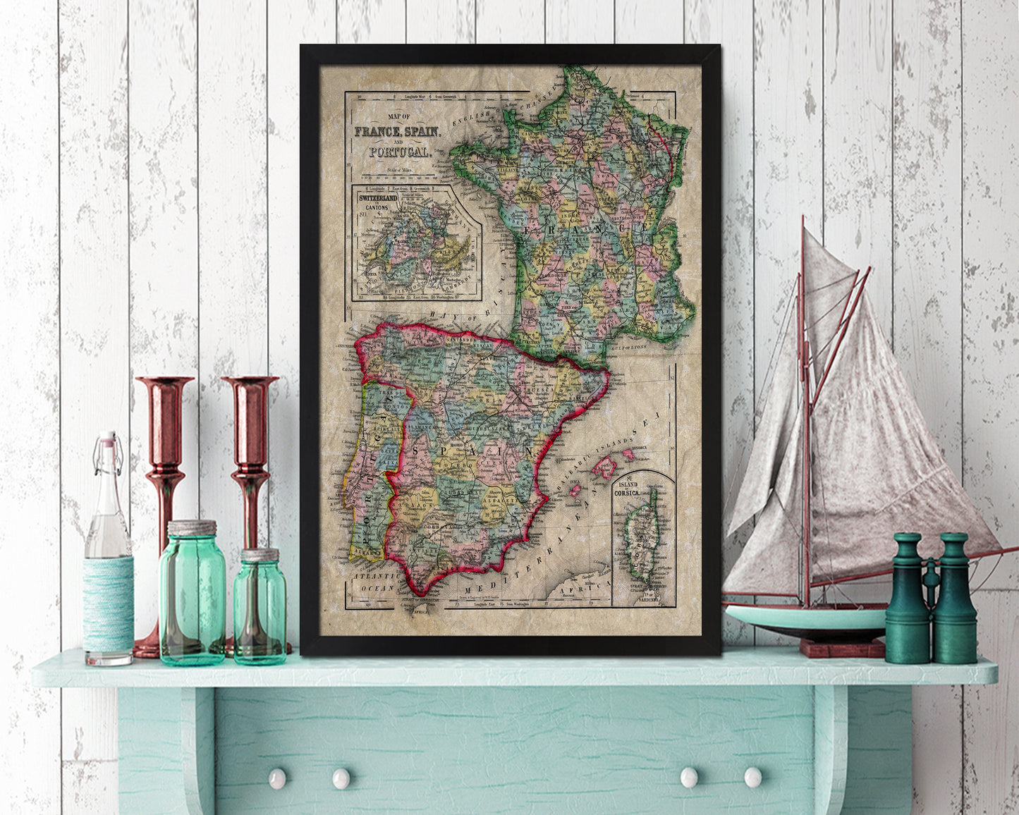 Spain Portugal and France Historical Map Wood Framed Print Art Wall Decor Gifts