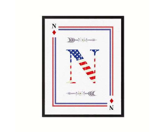 Letter N Custom Monogram Decks Diamond American Flag Framed Print Wall Art Decor Gifts