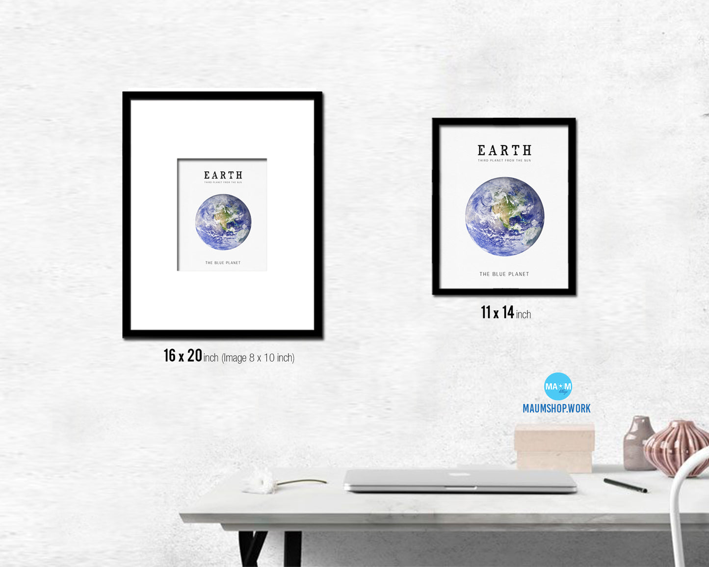 Earth Planet Prints Watercolor Solar System Wood Framed Paper Print Wall Art Decor Gifts