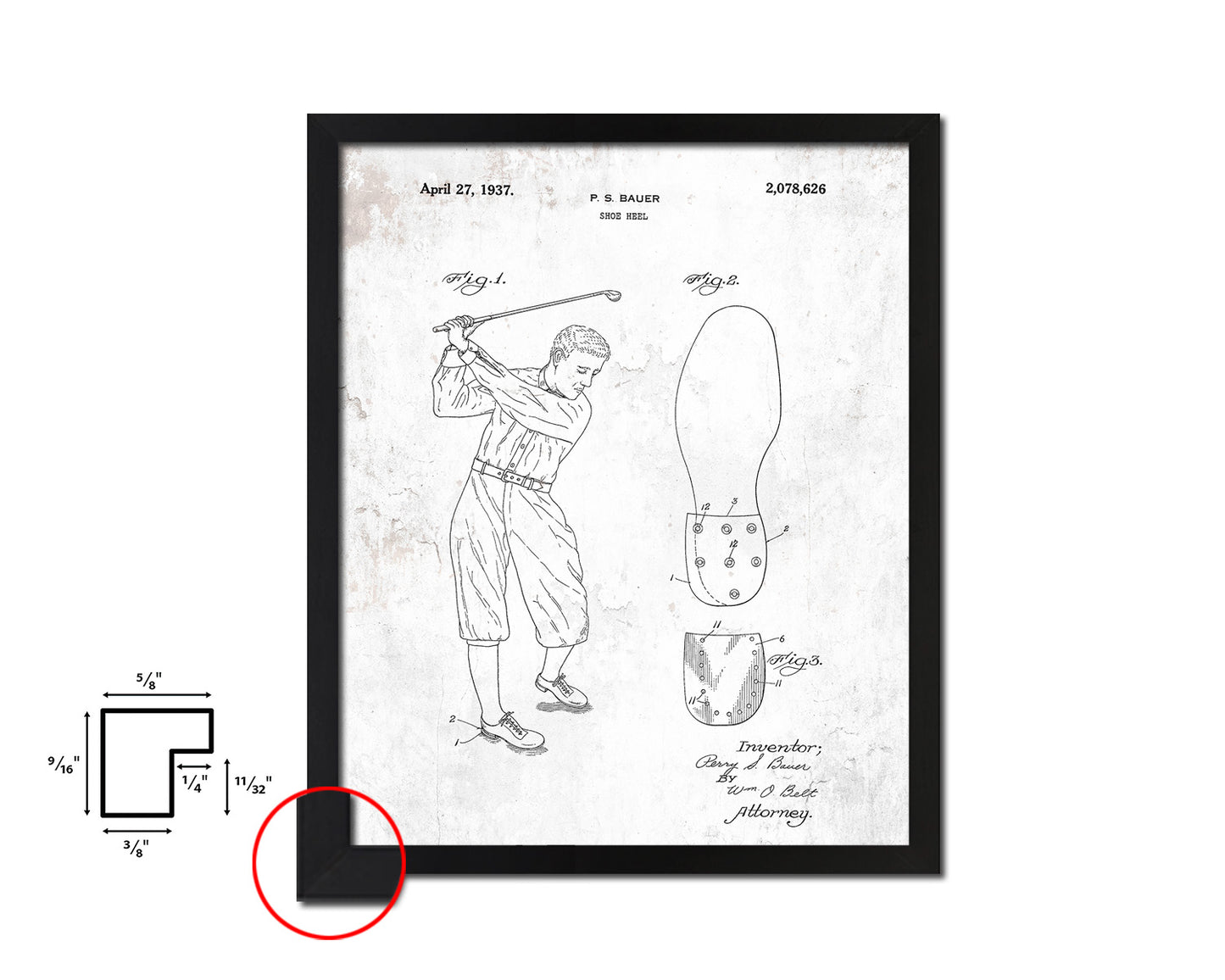 Golf Shoe Heel Sports Vintage Patent Artwork Black Frame Print Gifts