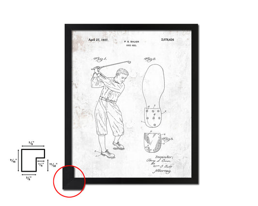 Golf Shoe Heel Sports Vintage Patent Artwork Black Frame Print Gifts