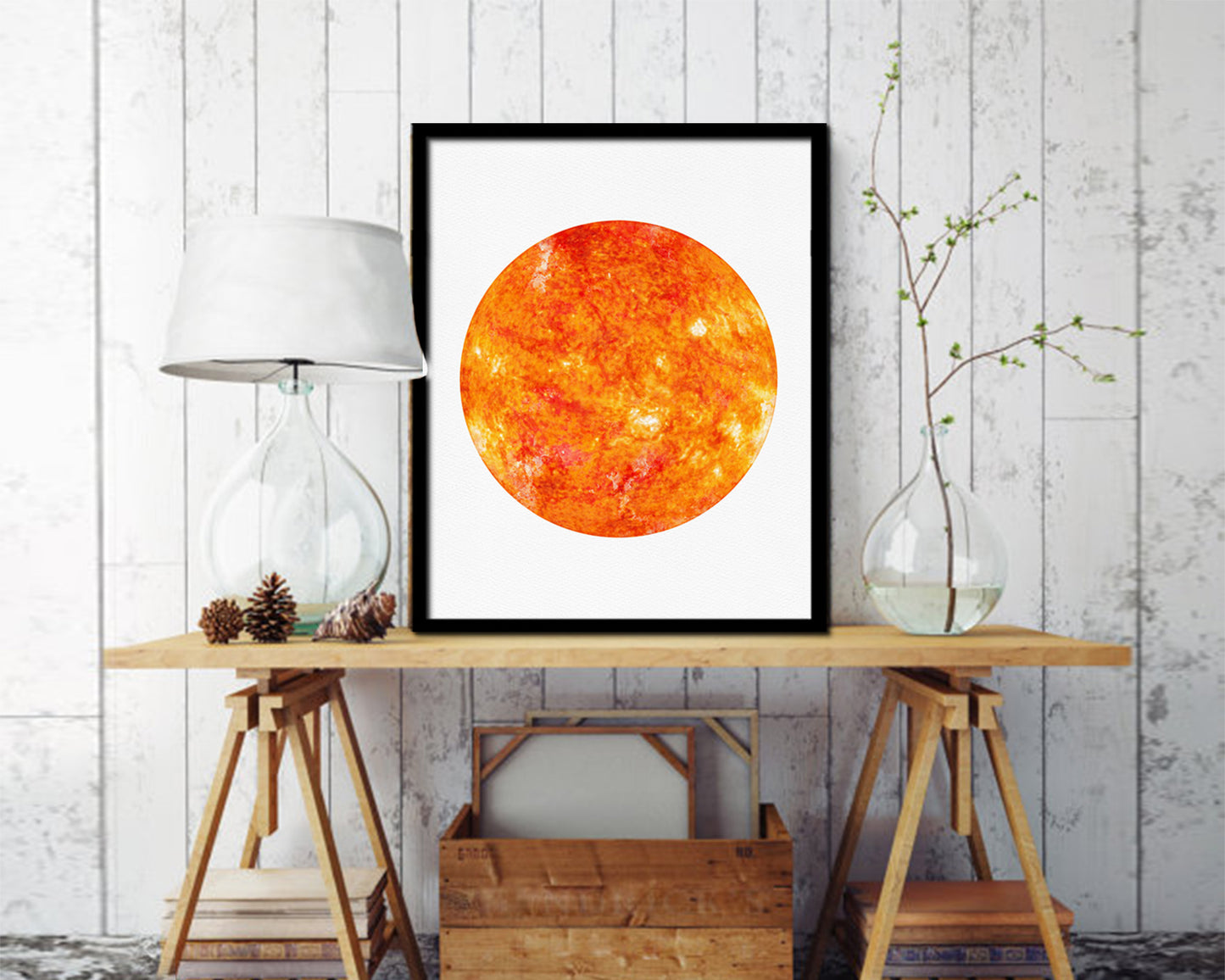 Sun Planet Prints Watercolor Solar System Wood Framed Paper Print Wall Art Decor Gifts