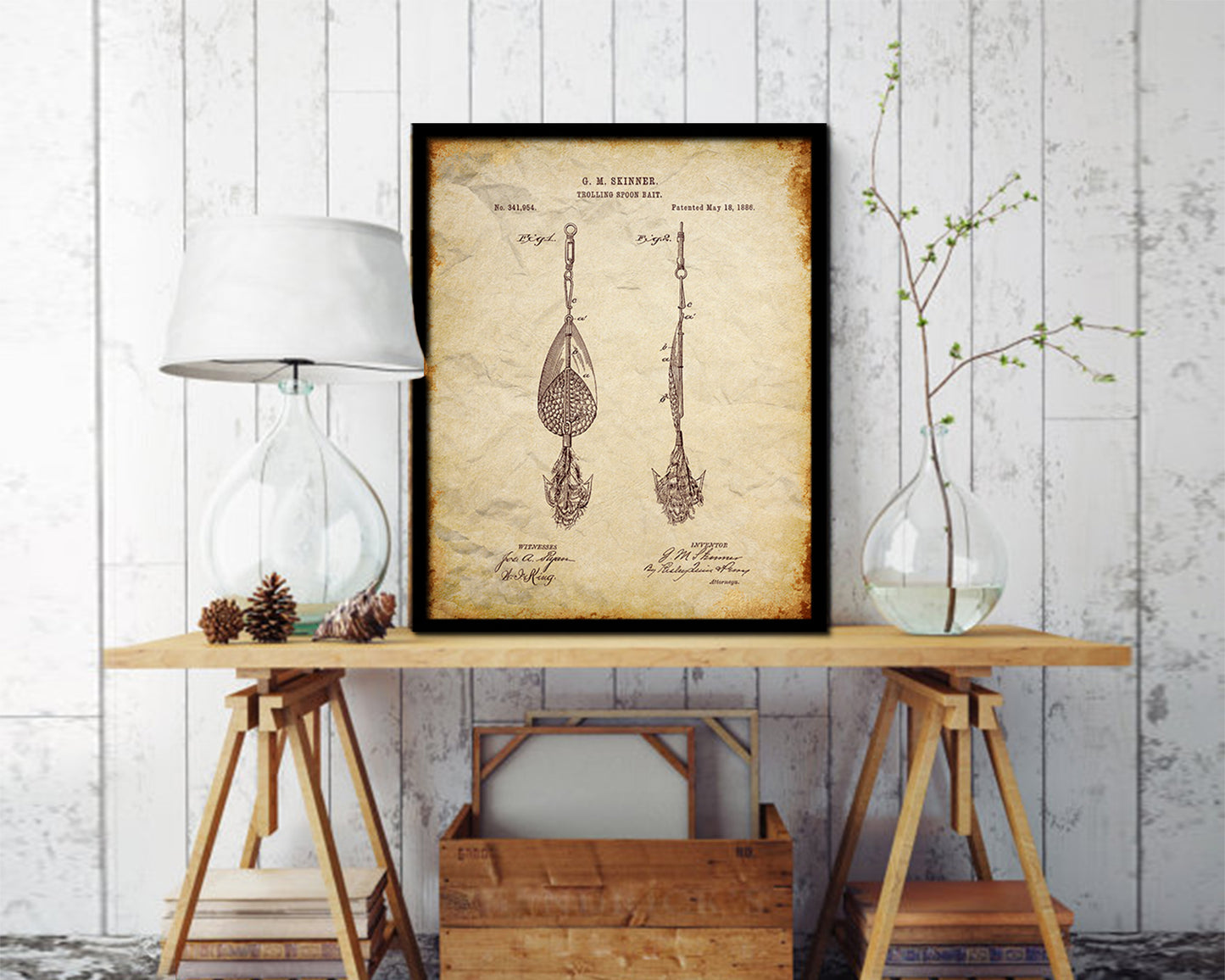 Trolling Spoon Bait Fishing Vintage Patent Artwork Walnut Frame Gifts