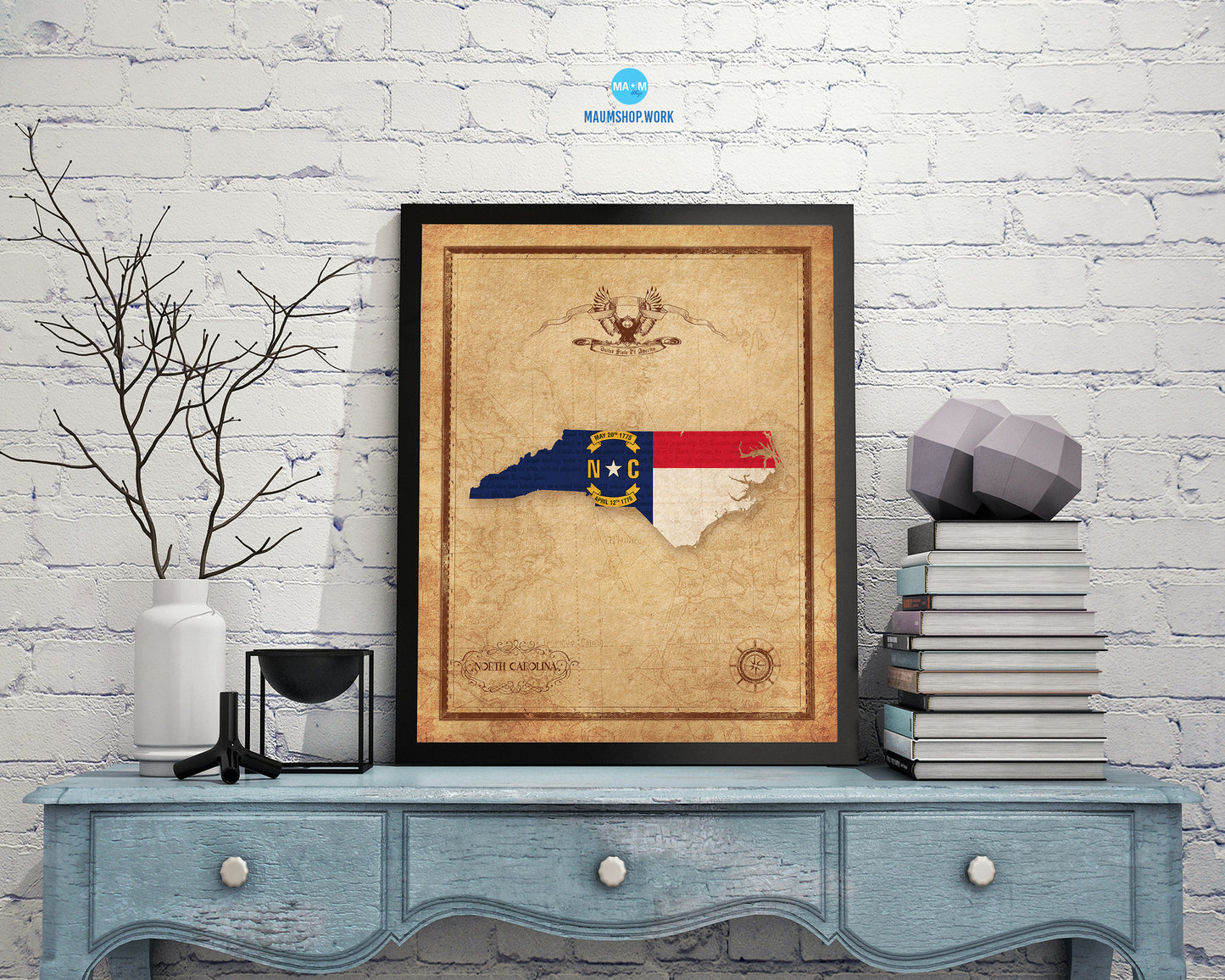 North Carolina State Vintage Map Wood Framed Paper Print  Wall Art Decor Gifts