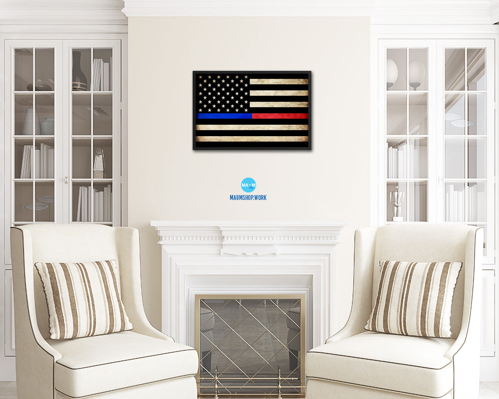 Thin Blue Line Police & Thin Red Line Firefighter Respect & Honor Law Enforcement Vintage Military Flag Art