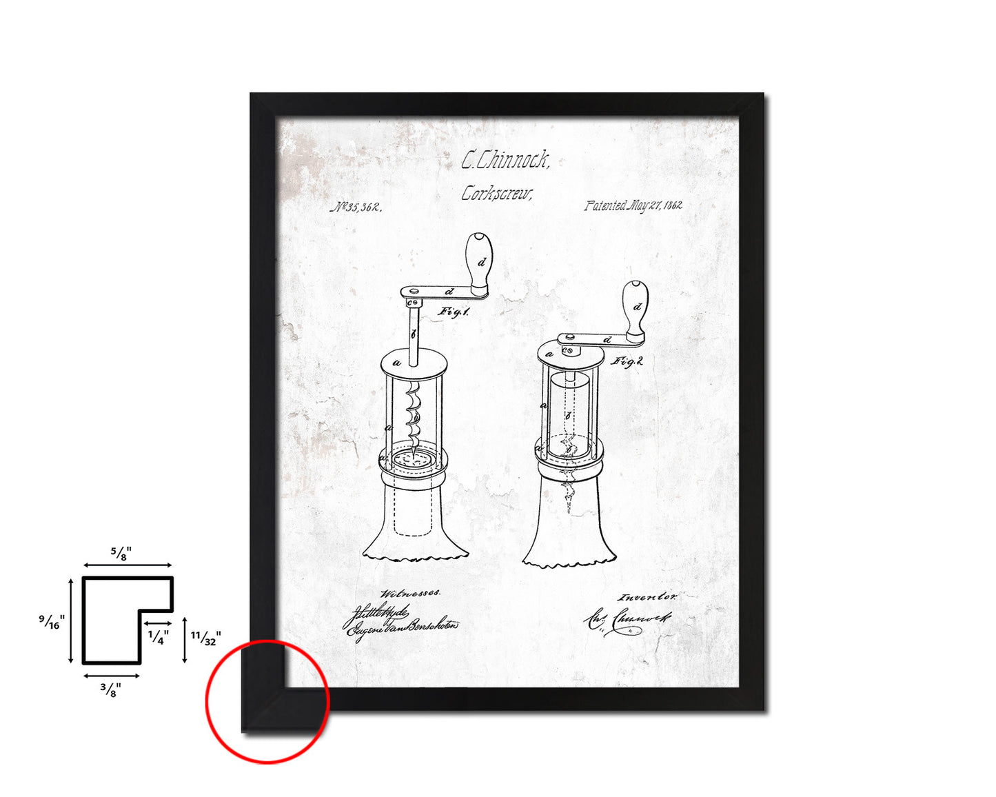 Corkscrew Wine Vintage Patent Artwork Black Frame Print Gifts