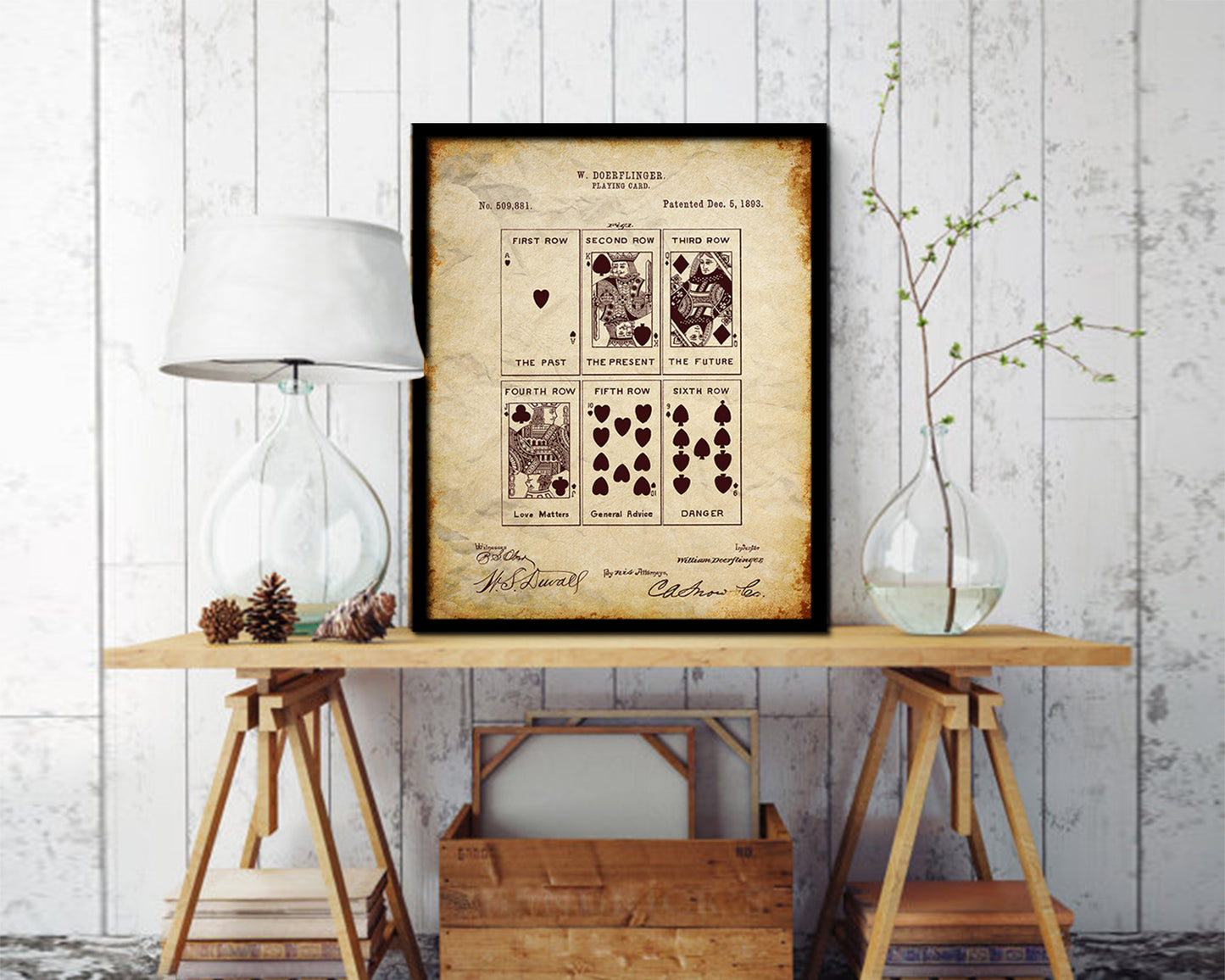 Face Poker Game Playing Card Vintage Patent Artwork Walnut Frame Gifts