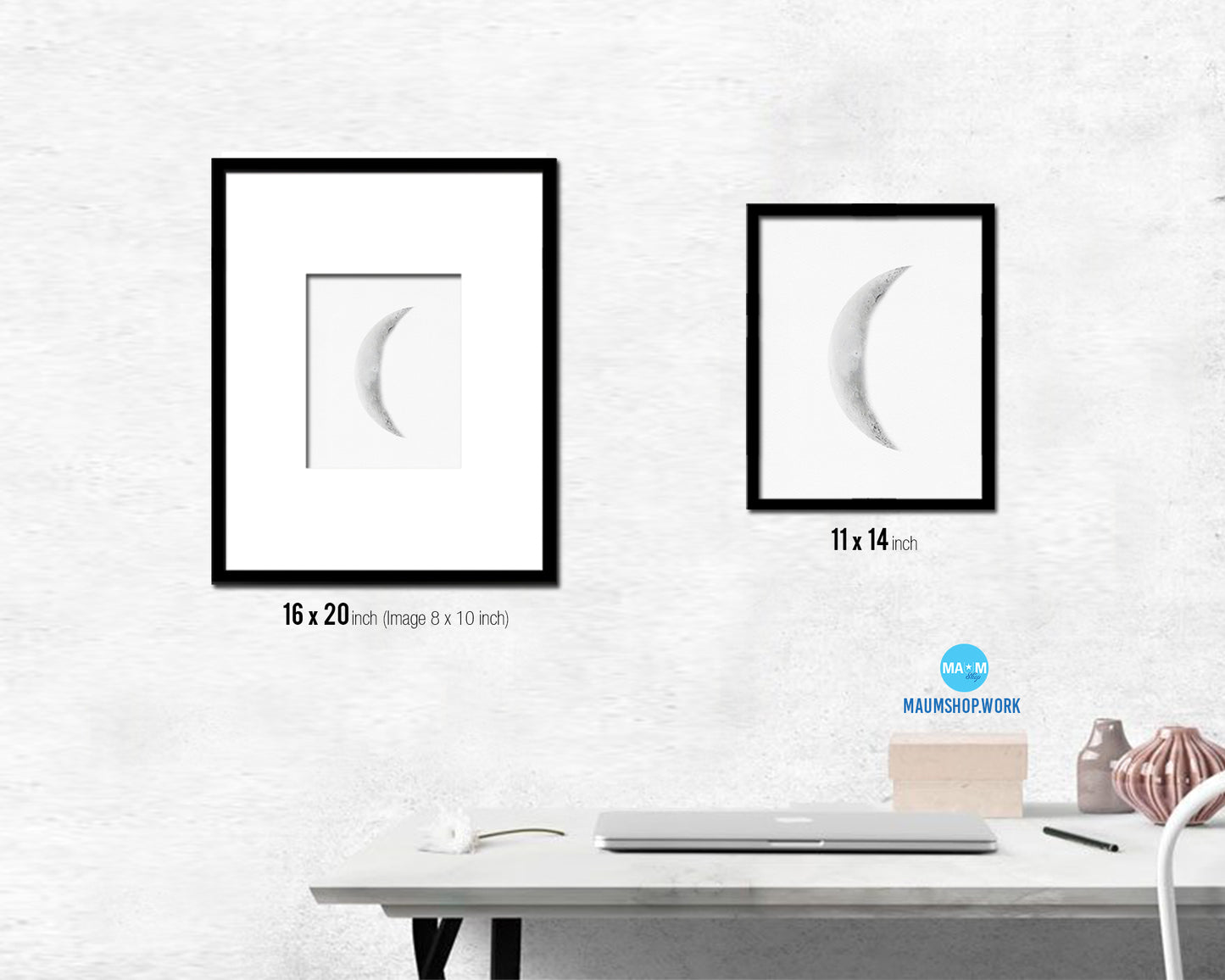 Waning Crescent Lunar Phases Moon Watercolor Nursery Framed Prints Home Decor Wall Art Gifts