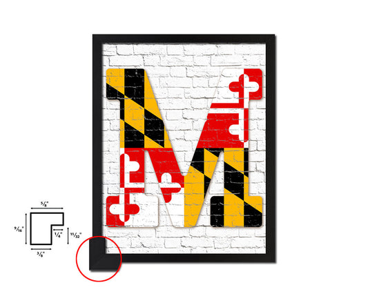 Maryland State Initial Flag Wood Framed Paper Print Decor Wall Art Gifts, Brick