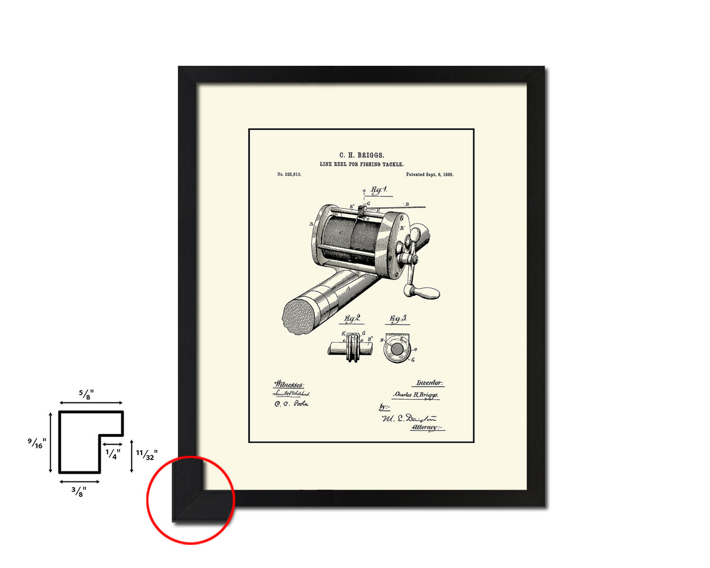 Line Reel Fishing Vintage Patent Artwork Black Frame Print Wall Art Decor Gifts