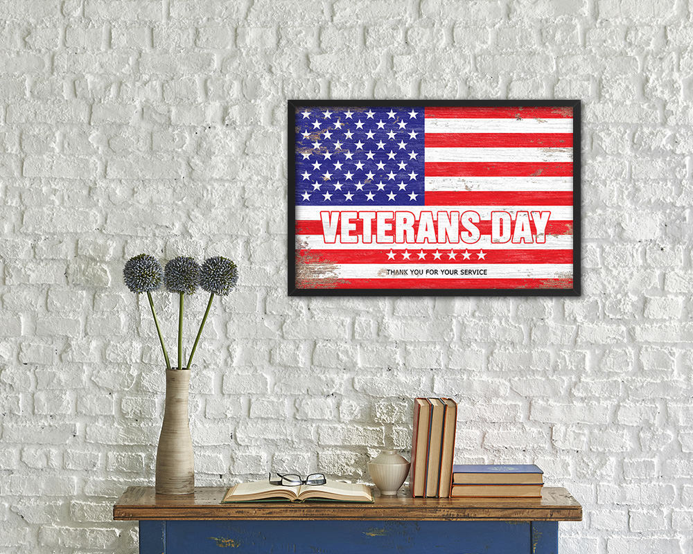 Veterans Day Thank you for your service Shabby Chic Military Flag Framed Print Decor Wall Art Gifts