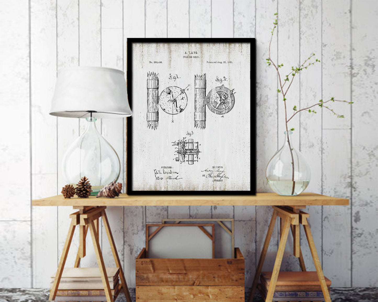 Reel Fishing Vintage Patent Artwork Black Frame Print Wall Art Decor Gifts