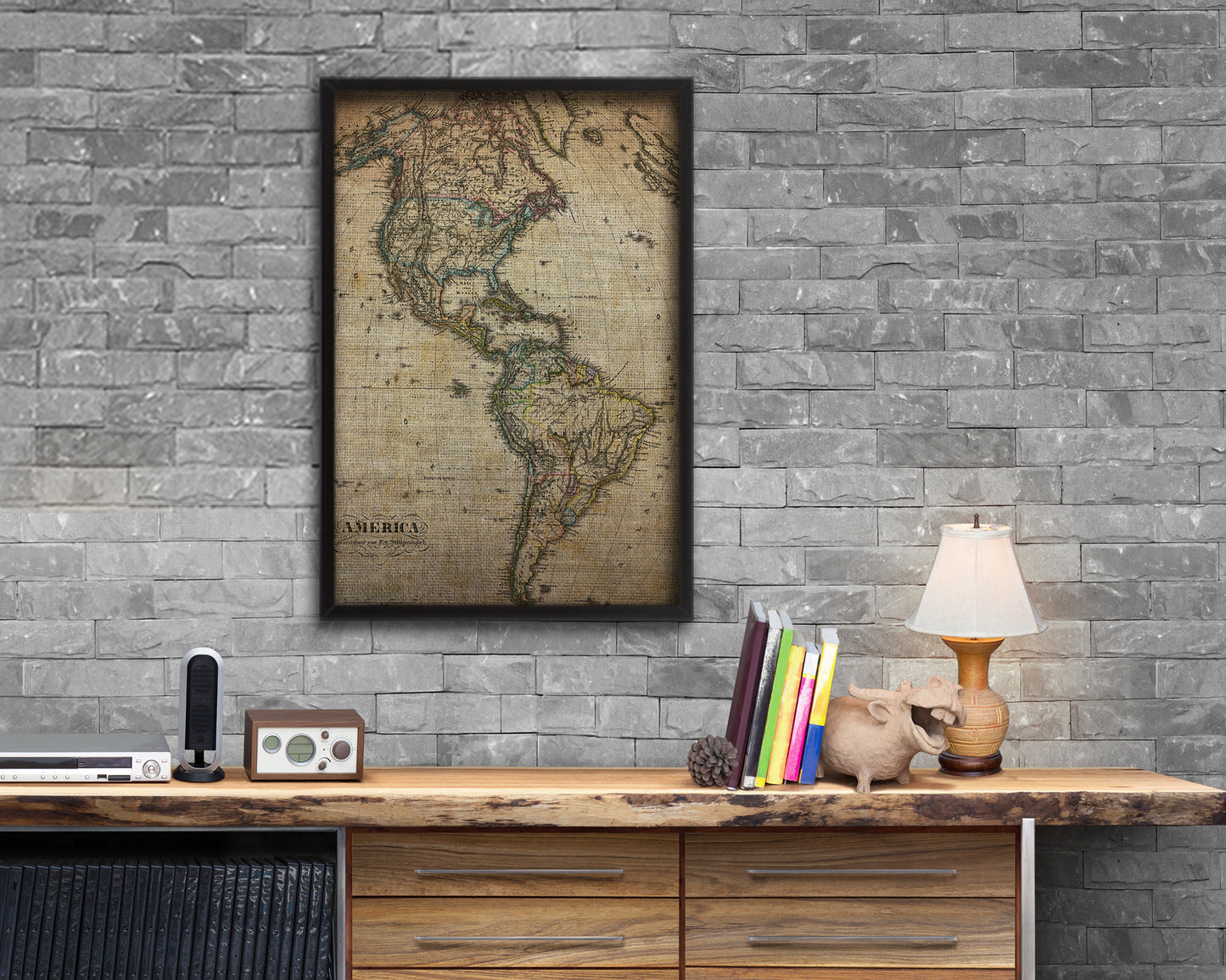 North and South America Vintage Map Wood Framed Print Art Wall Decor Gifts