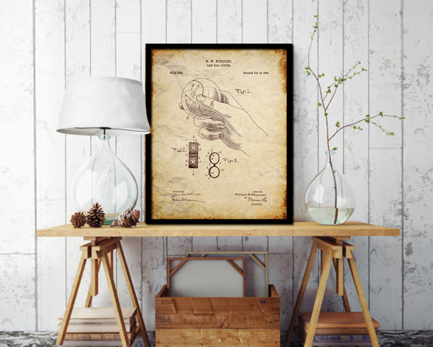 Baseball Curver Sports Vintage Patent Artwork Walnut Frame Gifts