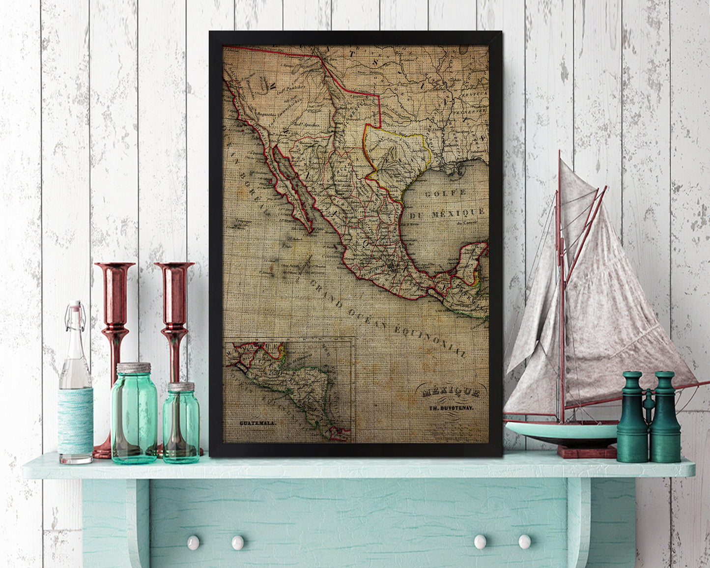 Mexico and Texas Republic Vintage Map Wood Framed Print Art Wall Decor Gifts