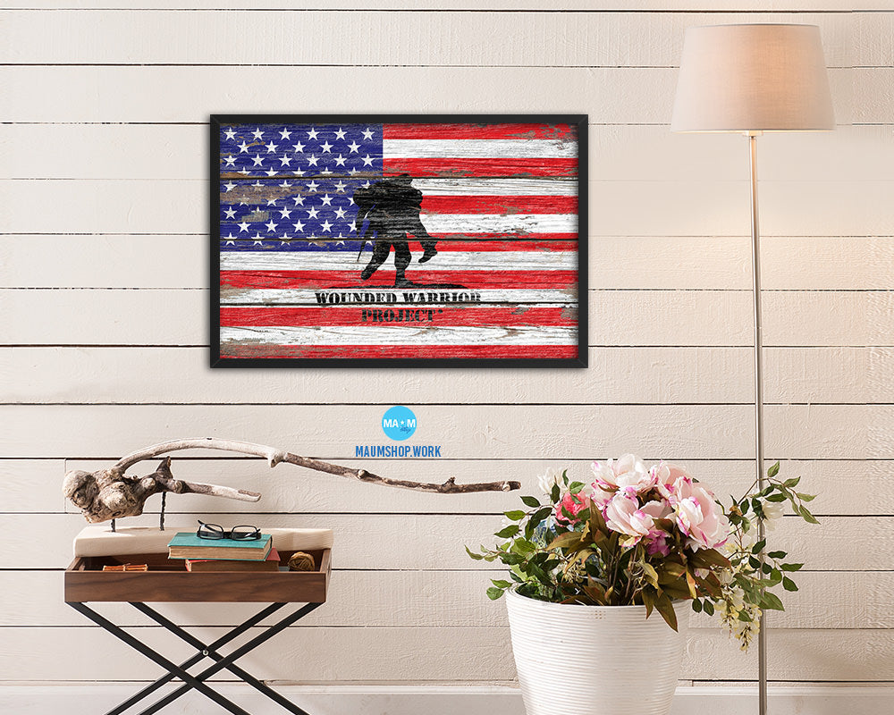 Wounded Warrior Project American Wood Rustic Flag Wood Framed Print Wall Art Decor Gifts