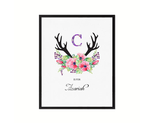 Initial Letter C Watercolor Floral Boho Monogram Art Framed Print Baby Girl Room Wall Decor Gifts