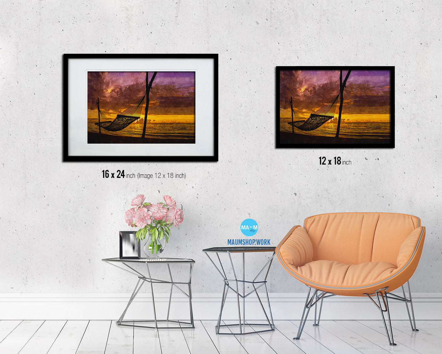 Hammock, Beach,  Ocean, Sunset Artwork Painting Print Art Frame Home Wall Decor Gifts