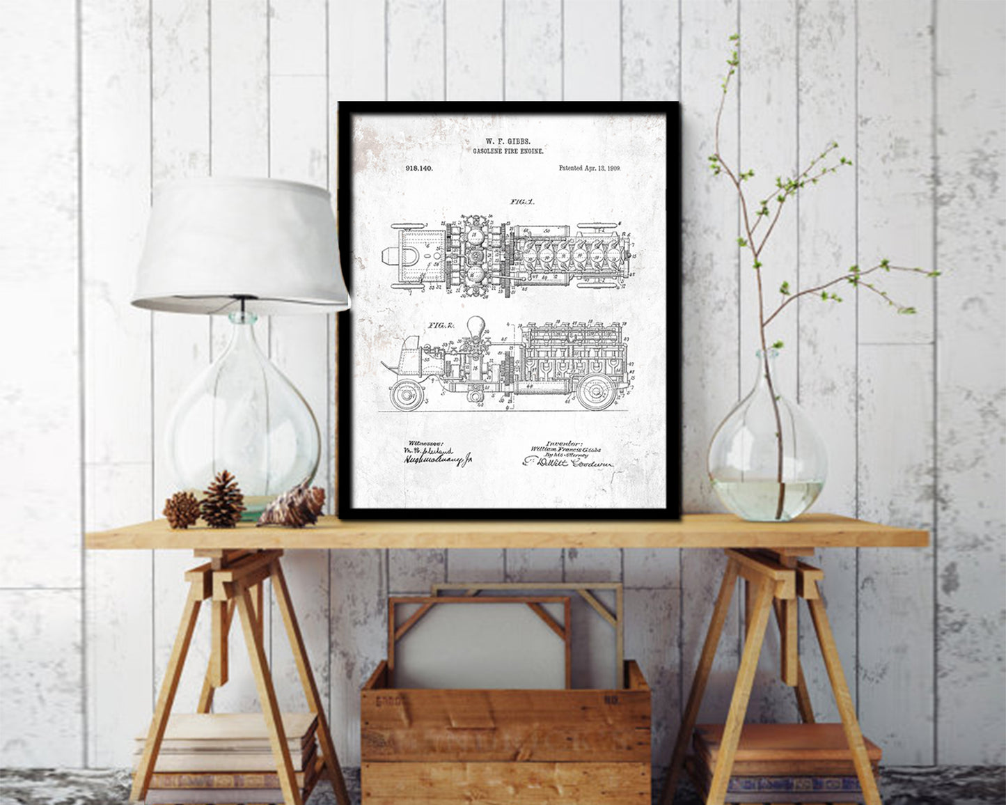 Gasoline Fire Engine Firefighter Vintage Patent Artwork Black Frame Print Gifts