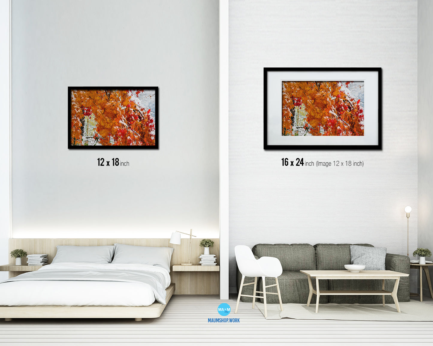 Snow Covering Autumn Maple Leaves Winter Artwork Painting Print Art Frame Home Wall Decor Gifts