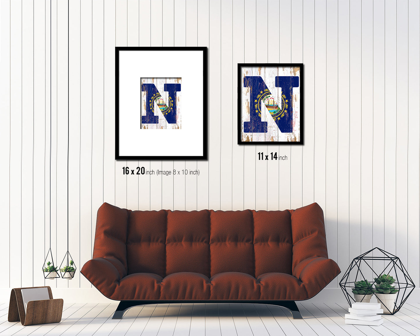 New Hampshire State Initial Flag Wood Framed Paper Print Decor Wall Art Gifts, Beach