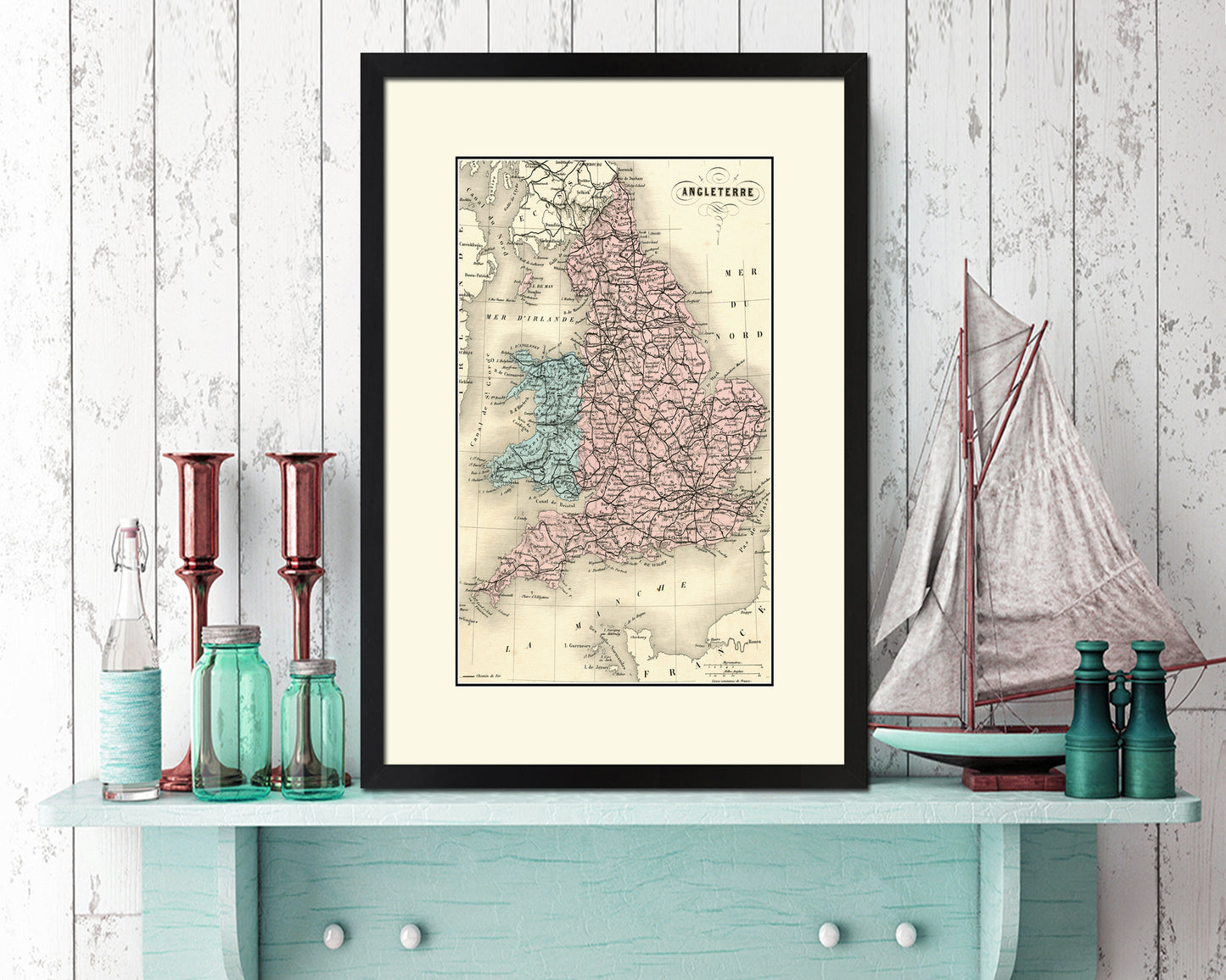 England and Wales Britain Old Map Wood Framed Print Art Wall Decor Gifts