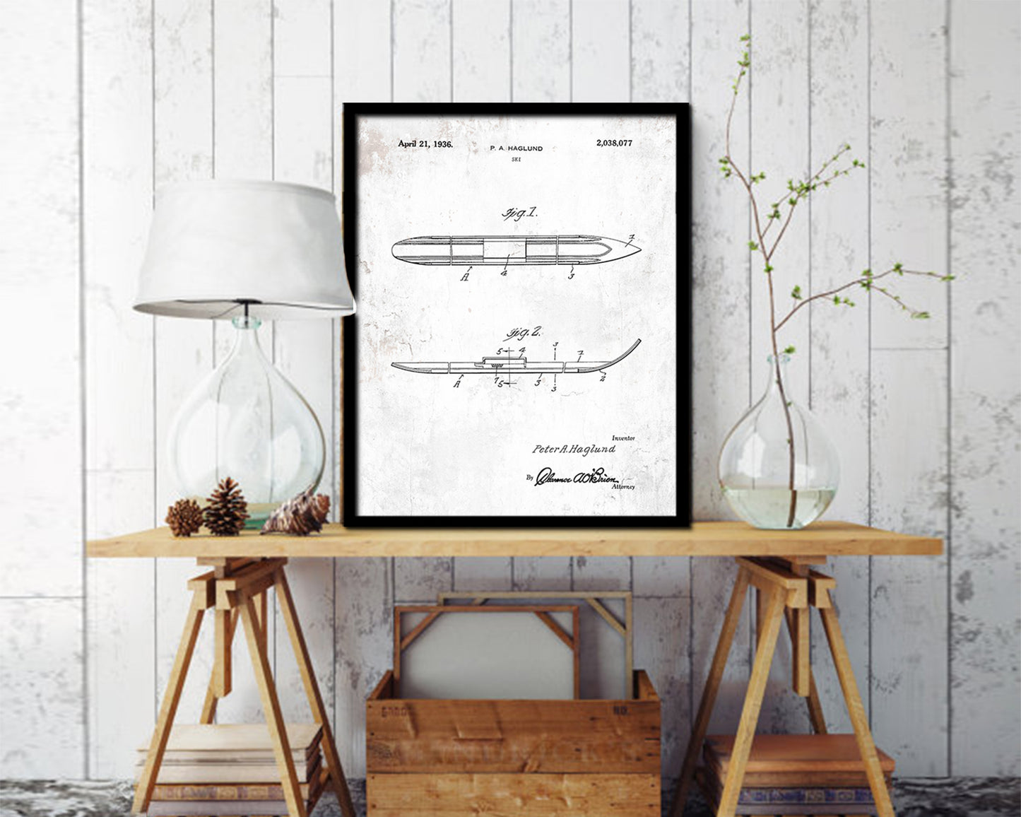 Ski Sports Vintage Patent Artwork Black Frame Print Gifts