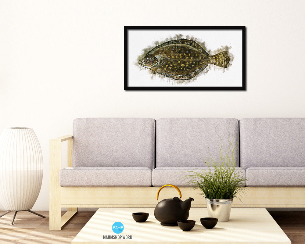 Flounder Fish Art Wood Frame Modern Restaurant Sushi Wall Decor Gifts, 10" x 20"