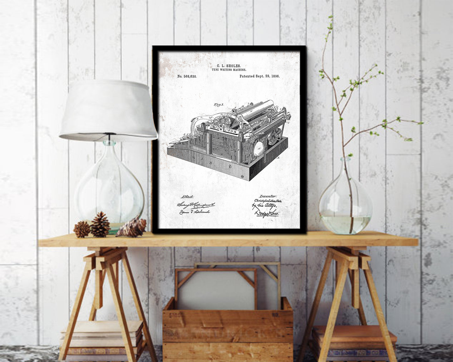 Type Writing Machine Tools Vintage Patent Artwork Black Frame Print Gifts